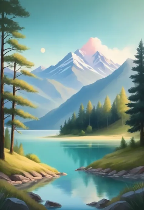 (คุณภาพดีที่สุด,ความสูง:1.2),Illustrate a minimalistic nature scene with mountains, forests, and a serene lake, using soft pastel colors for a calming effect