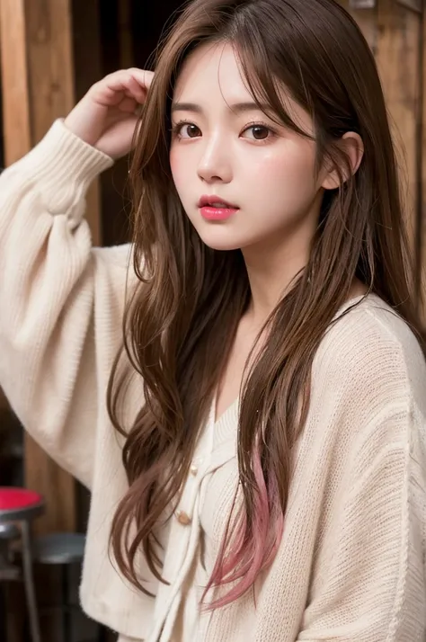 Pale light, shot bar, light brown hair, wavy hair, long hair, low-cut knit, white clothes, half Japanese, half Korean, double eyelids, droopy eyes, cute, wet red lips, pink cheeks