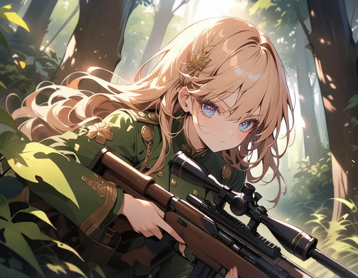 a female sniper, intricate details, highly detailed military uniform, detailed face, beautiful eyes, long eyelashes, determined expression, holding a sniper rifle, in a forest setting, sunlight filtering through the trees, cinematic lighting, vibrant color...