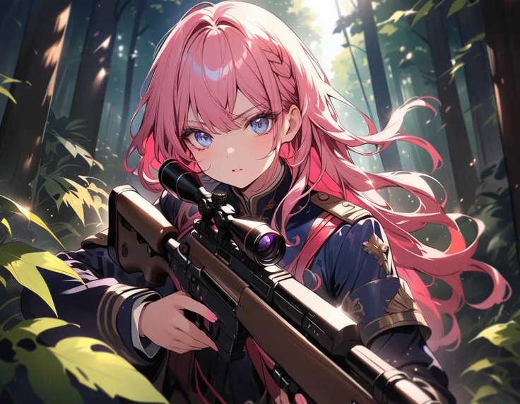 a female sniper, intricate details, highly detailed military uniform, detailed face, beautiful eyes, long eyelashes, determined expression, holding a sniper rifle, in a forest setting, sunlight filtering through the trees, cinematic lighting, vibrant color...