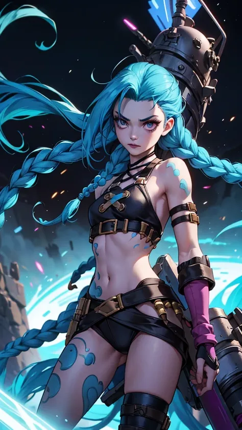 Height: Approximately 1,65 meters. complexion: thin and athletic. fur: pale, with some scars and marks. Hair: Short bright blue, with loose locks and braids. Eyes: light blue, often with a manic glow. outfit: Jinx usually wears worn and ragged clothing., w...