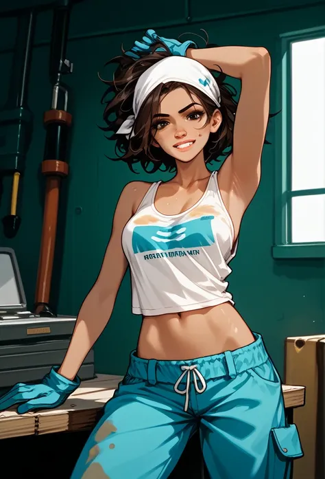 masterpiece, best quality, mature woman, messy hair, black hair, brunette gradient hair color, hot face, (tomboy face), tan skin, mature body, fit body, medium breasts, mechanic gloves, (dirty tank top), stained tank top, midriff, white bandana, mechanic p...