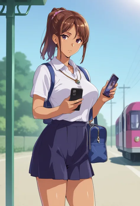 human, ((1girls)), 18 years old, beautiful, ponytail, brown hair, black eyes, Plain T-shirt with Tennis skirt outfit, Z cup breasts, ((brown skin)), fair body, 1m78, deserted, ((Takeda Hiromitsu style)), holding the phone, vail travel, train area,