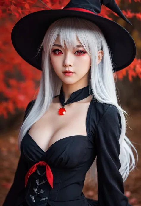 design a sexy and kawaii young witch, japanese anime style, with very little clothing, with white hair and red eyes.