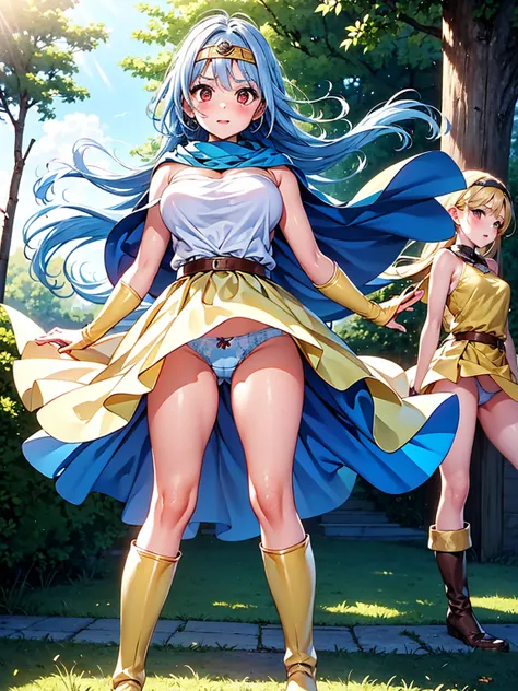 (A woman is shooting light from her palms, Cast a spell, Windでスカートがめくれてパンティが見えている, Light blue panties:1:3), Beautiful Anime Woman, Beautiful art style, Anime characters, ((Smooth texture, Realistic texture, アニメCGWind)), ((Highest quality)), (Very detailed)...