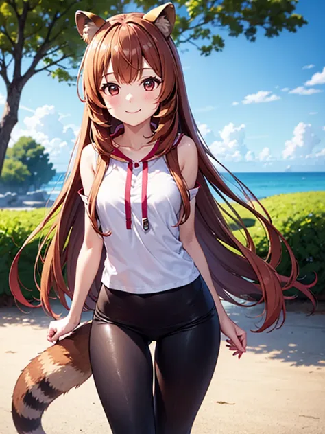 solo、Raphtalia、smile、1 girl、Raccoon ears,   leggings, black leggings