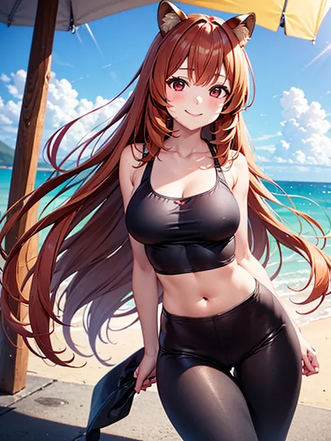 solo、Raphtalia、smile、1 girl、Raccoon ears,   leggings, black leggings