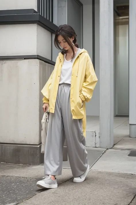 Light yellow and light gray： Jacket：A light, loose-fitting shirt，Relaxed。 Bottoms：Pair with a pair of light grey cotton casual pants，Comfort level is perfect。 Accessories：Choose a pair of light flat shoes，Carry a simple gray backpack，Simple yet stylish。