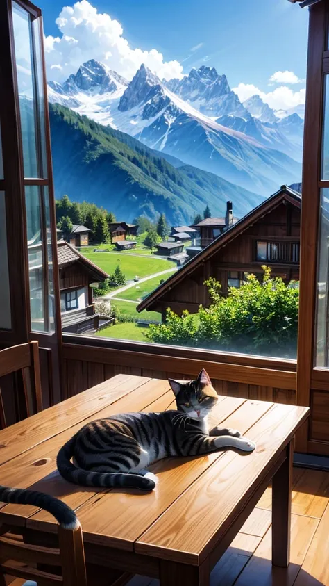 Alps Mountain々Background,Holiday Homes,A cat is sleeping on the table,