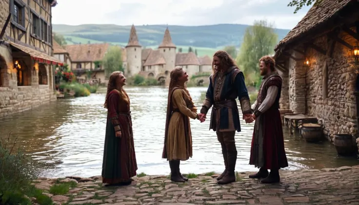 Kael and Liora standing together, smiling and looking at each other lovingly, in a medieval village, wearing simple yet beautiful traditional clothes, by the riverbank, holding hands, with the village in the background, wide shot, hyper-realistic, photo re...