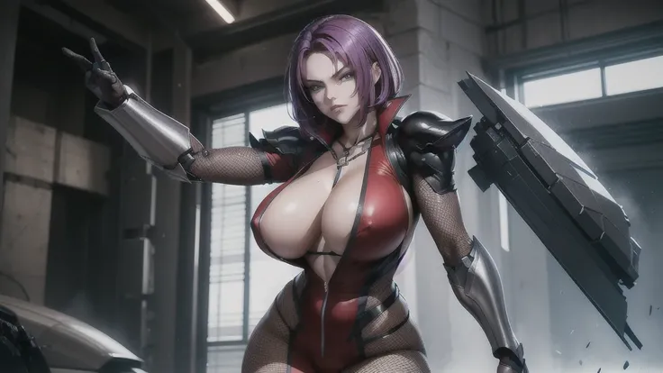 Experience the power of cybernetic prowess with this dynamic photo of a female warrior adorned in crimson armor, her purple hair flowing as she strikes a fierce pose. The fusion of human and machine is evident in her cybernetic enhancements, symbolizing th...