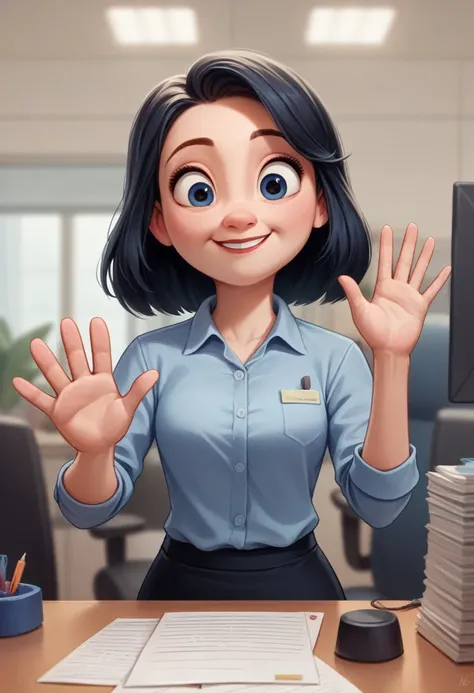 black light skin woman, 3d disney animation, medium dark hair, round face, cute smile, eyes half opened, cute, working in office, looking forward, waving one hand