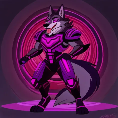 (masterpiece, best quality:1.2), vortex hellhound, wolf, furry, helluva boss, hypnotized with glowing purple eyes, tongue out, w...