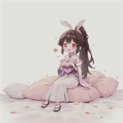 good quality, Cute light-skinned baby,chibi anime,chibi, Long brown hair，High Ponytail，((A pair of bunny ears hair accessories)),Shouhui,cute，Pink Eyes,（((full body))），((Sitting on the bed))，((Holding a heart shaped pillow)),Love pillow，laughing out loud，r...