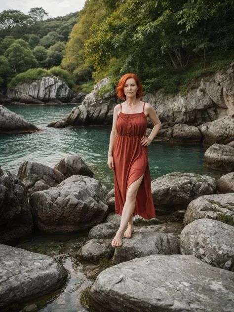 RAW PHOTO, her name is Sophia, high quality, 1 old woman, (((40-year-old irish woman))), (((40 years old))), (guitar shaped body) milf, (((short red hair))), (pale skin), (green eyes), she is wearing a flowy sundress, dynamic pose, BREAK, BACKGROUND: outdo...