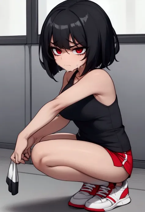 Girl, black hair, bob, red eyes, marathon runner, rolling her eyes, squatting down, looking in pain, sweating, white and red tank top, shorts, marathon shoes