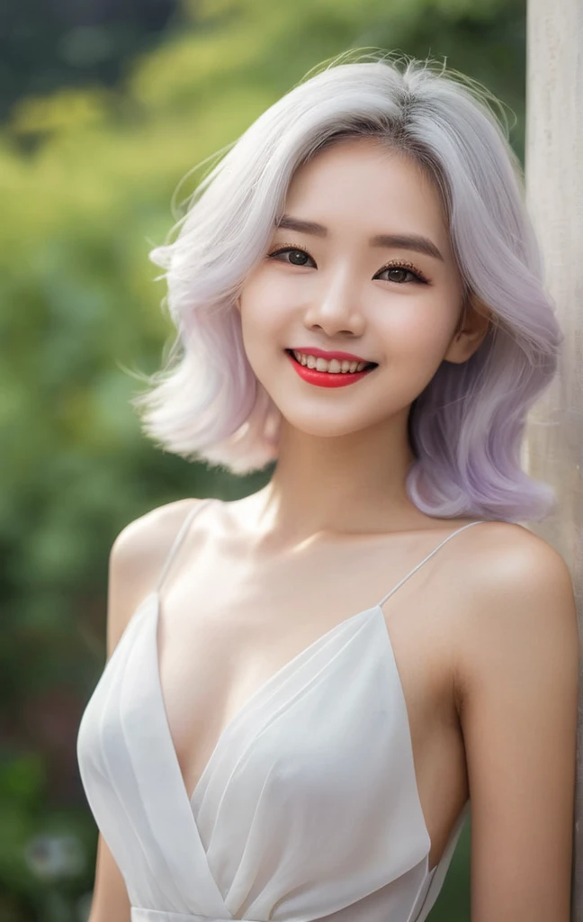 On the bright red campus"yes"character、((create), (Highest quality, masterpiece, Outstanding works of art), (One 18-year-old girl, nude, Full growth, white hair, white skin, Red lips smile; black, Expressive and playful eyes, Long eyelashes), (black transl...