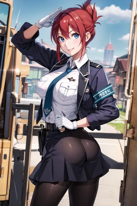 masterpiece, best quality, highres, aoi1, 1girl, solo, red hair, folded ponytail, blue eyes, necktie, white gloves, police uniform, belt, black pantyhose, jacket, armband, large breasts, cowboy shot, standing, smile, salute, outdoors, panties under pantyho...