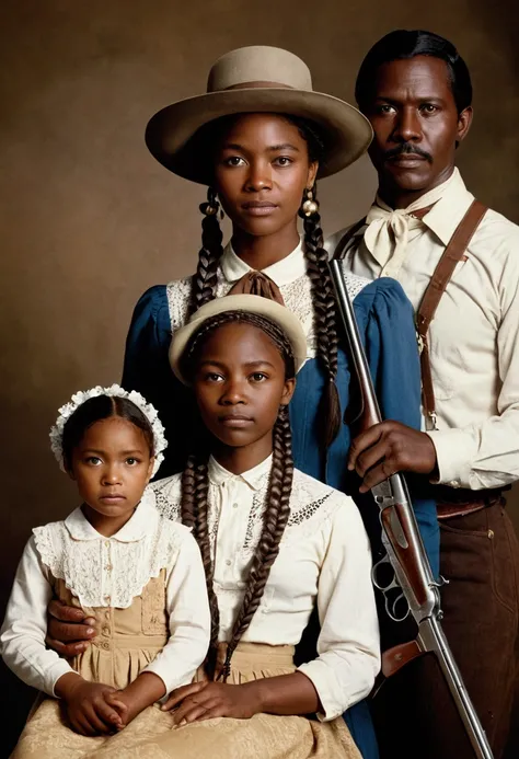 old photograph of an African-American family with a young African woman, long braided hair, darkskin, western film character, Sexy girl with brown eyes, 精致的面容, she is wearing a hat and is in a saloom, she&#39;s holding a winchester rifle, ultra realist, me...