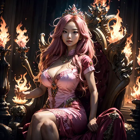 The beautiful Indonesian 22 old lady with stunning longest hair crown windblown. Dressed in pink-white-red luxury queen Dress, long legs holding a magical fire element while sit on the throne in the flame castle with blizzard firestorm view, Surrounded by ...