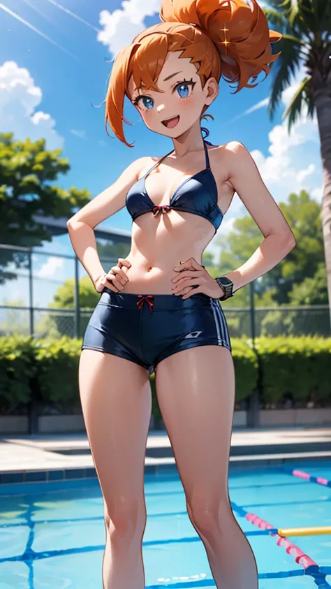 1 girl, masterpiece, best quality, highres, ro1, Misty from pokemon, hair bun, blue eyes, bikini top, blue bicycle shorts, small ponytail on the side, wristwatch, standing, hand on hip, smile, open mouth, (sparkle:1.1), orange hair, medium breasts, 3/4 bod...