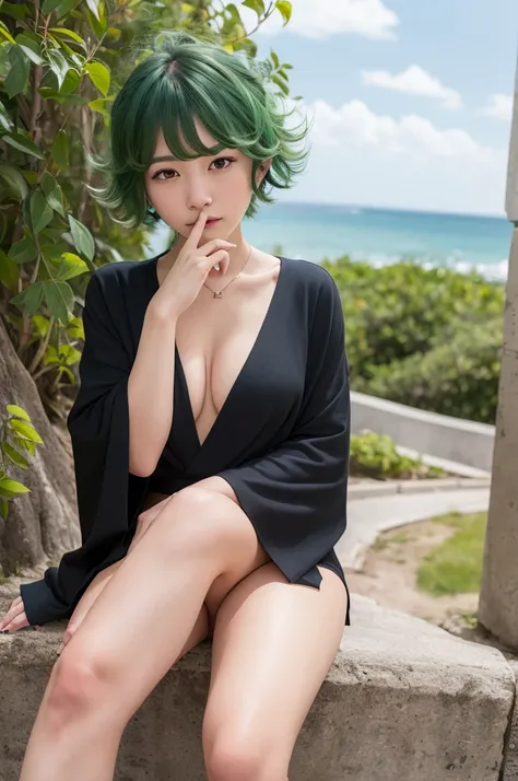 (Masterpiece, Best Quality:1.2), solo, 1girl, tatsumaki, unamused, closed mouth, looking a viewer, hand on our face, sitting, Short black kimono ,big thighs,crossing leg, green hair, NSFW