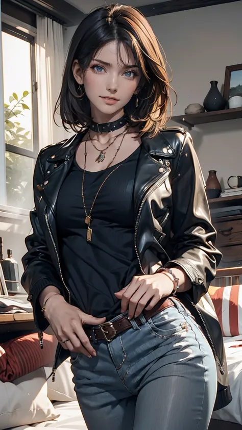 mouth, One girl, alone, In a messy room, guitar, 、Spiked Collar、24 year old Caucasian female、Sexy proportions、Punk rock fashion、Black Shirt、Leather jacket、Leather leggings、Flashy makeup、long hair、rosary necklace、rosary earrings、Put a spiked bracelet on you...