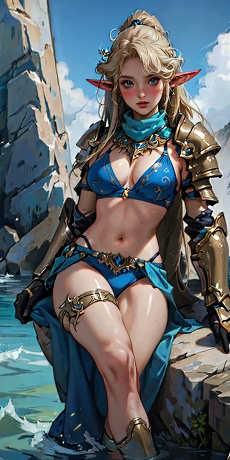 woman in a blue bikini sits on a rock next to a body of water, ornate bikini armor, goddess of the sea, portrait of female black elf warrior, detailed fantasy art, Extremely detailed Artgerm, realistic Alexis Texas blonde long messy hair, long elf ears