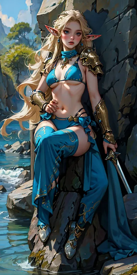 woman in a blue bikini sits on a rock next to a body of water, ornate bikini armor, goddess of the sea, portrait of female black...