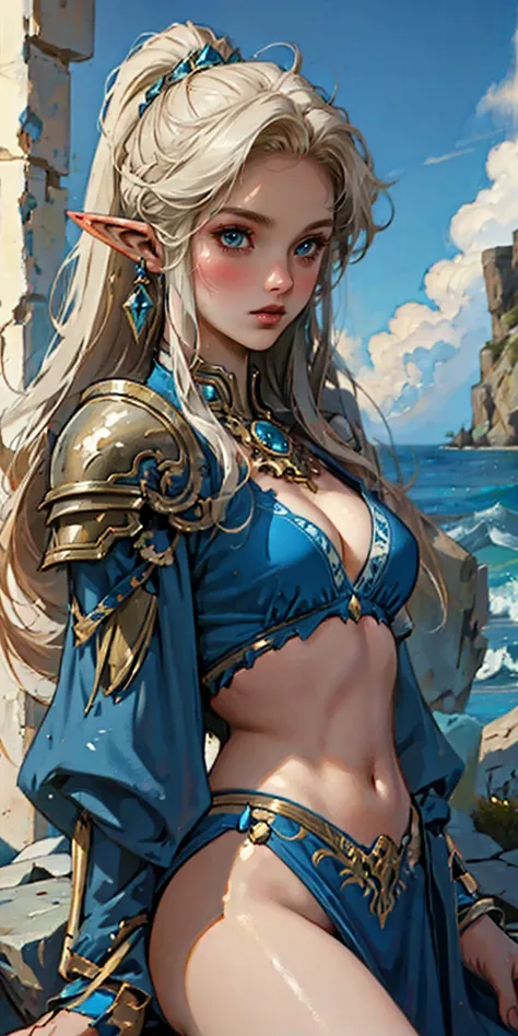 woman in a blue bikini sits on a rock next to a body of water, ornate bikini armor, goddess of the sea, portrait of female black elf warrior, detailed fantasy art, Extremely detailed Artgerm, realistic Alexis Texas blonde long messy hair, long elf ears