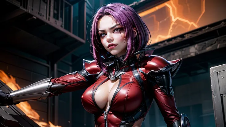 Experience the power of cybernetic prowess with this dynamic photo of a female warrior adorned in crimson armor, her purple hair flowing as she strikes a fierce pose. The fusion of human and machine is evident in her cybernetic enhancements, symbolizing th...