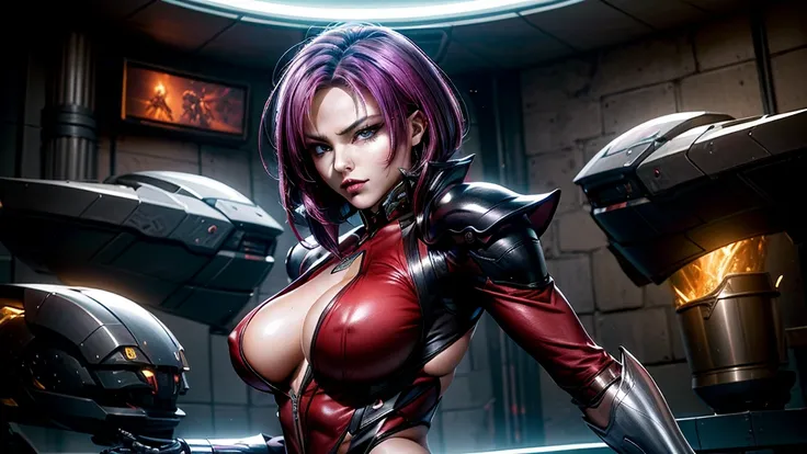 Experience the power of cybernetic prowess with this dynamic photo of a female warrior adorned in crimson armor, her purple hair flowing as she strikes a fierce pose. The fusion of human and machine is evident in her cybernetic enhancements, symbolizing th...