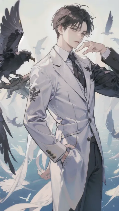 man, side face, wings white behind him, angel, left hand on his head, evil, crows
