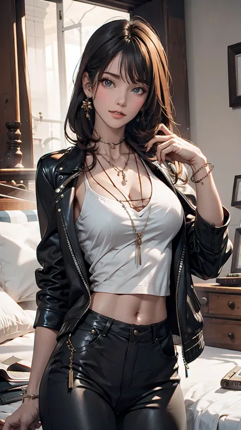 mouth, One girl, alone, In a messy room, guitar, 、Spiked Collar、24 year old Caucasian female、Sexy proportions、Punk rock fashion、Black Shirt、Leather jacket、Leather leggings、Flashy makeup、long hair、rosary necklace、rosary earrings、Put a spiked bracelet on you...