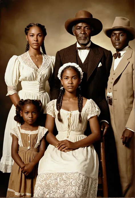 restored old photograph of an African-American family with a young African woman, long braided hair, darkskin, western film character, Sexy girl with brown eyes, 精致的面容, she is wearing a hat and is in a saloom, ultra realist, meticulously detailed, wearing ...