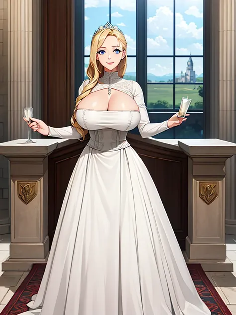 a woman wearing a white dress with silver details on the dress, blonde hair, blue eyes, in a tower of a sophisticated medieval c...