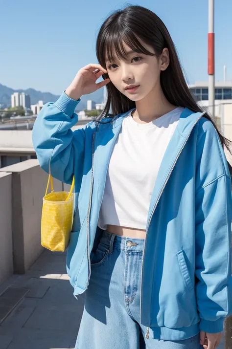 sky blue + tartrazine：
Jacket：一件sky blue的宽松T恤，Relaxed。
Bottoms：搭配一条tartrazine色的短裤或半身裙，Lively and bright。
Accessories：选择一双白色或sky blue的休闲鞋，Carrying a small bag with a lemon，Show youthful vitality。