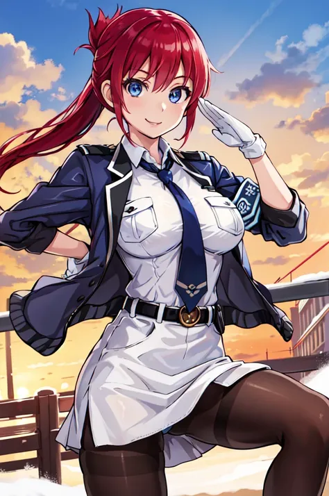 masterpiece, best quality, highres, aoi1, 1girl, solo, red hair, folded ponytail, blue eyes, necktie, white gloves, police uniform, belt, black pantyhose, jacket, armband, large breasts, smile, salute, outdoors, panties under pantyhose,