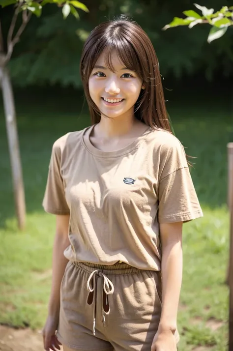 Japan woman at 21 years old、Smiling Kindly、whole body泥だらけ、Farm work、Muddy T-shirt、Muddy shorts、Front image 、whole body、Accurate、Anatomically correct、Textured skin、Very detailed、 Attention to detail、Highest quality、High resolution、Genuine、Indistinguishable ...