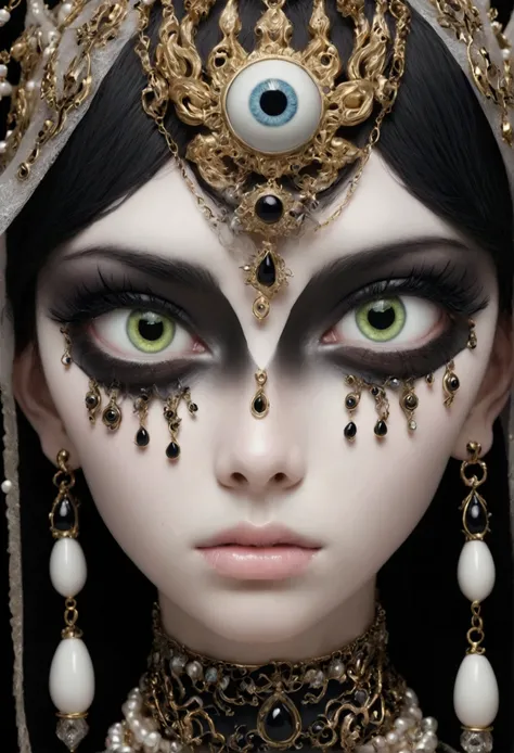 digital illustration，grotesque aesthetics：multiple eyes，tears，脸上的皮肤上长着许multiple eyes球，eyeball necklace，eyeball crown，realistic e...