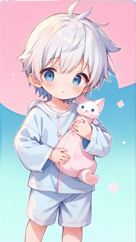 cute little boy with white hair and blue eyes he is wearing a cute animal pajama and a white sock and is holding a plush the bac...