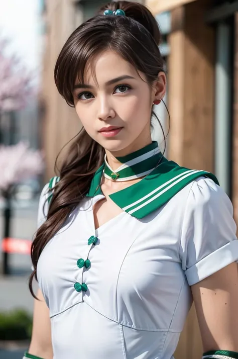 (masterpiece, Highest quality:1.4), (whole body:1.5), One girl, alone, Ham Jupiter, (Green Eyes), ponytail, (tiara:1.2), jewelry, (Sailor Warrior Uniform:1.5), Green sailor collar, choker, Elbow hand pockets, White gloves, Pink ribbon, brooch, White leotar...