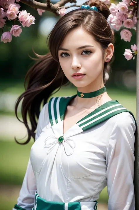 (masterpiece, Highest quality:1.4), (whole body:1.5), One girl, alone, Ham Jupiter, (Green Eyes), ponytail, (tiara:1.2), jewelry, (Sailor Warrior Uniform:1.5), Green sailor collar, choker, Elbow hand pockets, White gloves, Pink ribbon, brooch, White leotar...