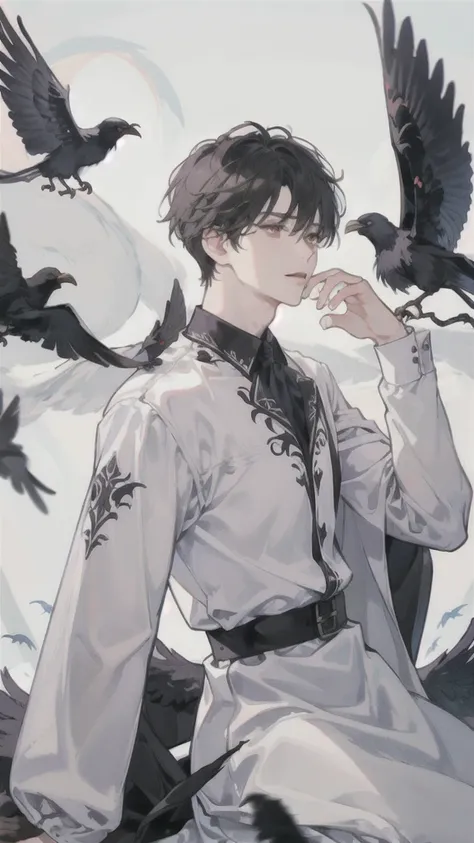 man, side face, wings white behind him, angel, left hand on his head, evil, crows
