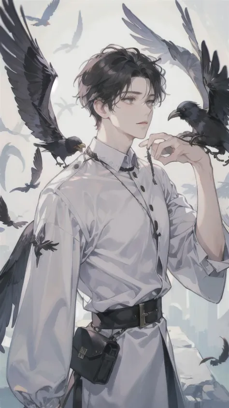 man, side face, wings white behind him, angel, left hand on his head, evil, crows
