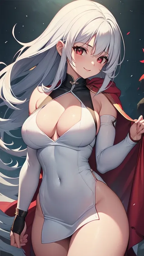 (masterpiece, best quality, ultra-detailed, best shadow), solo girl, white hair, red eyes, long hair, medium breasts, sexy body and face, wavy hair, smile, parted lips, red lips, circlet, skirt, bridal gauntlets, jewelry, cape, bare shoulders, sandals, sle...