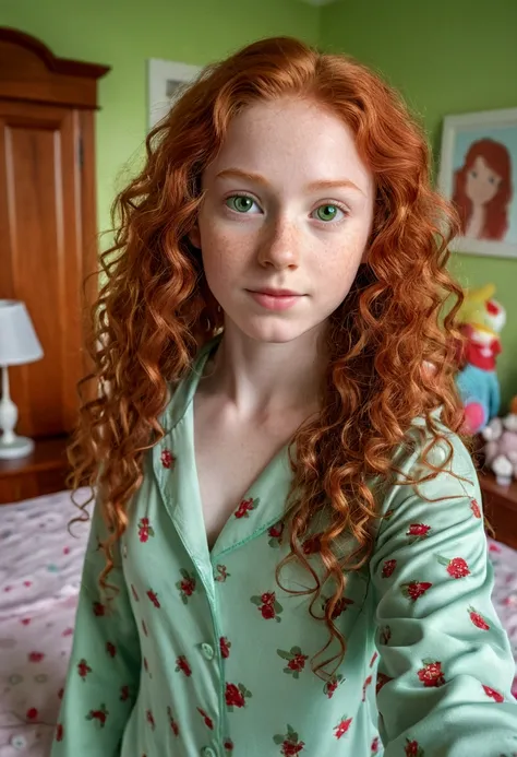 A red-haired girl, 15 years, pale white skin, green eyes, very long curly hair, round face, small upturned nose, Small ears, athletic body, Wide hips, with pajamas, in a bedroom, with children&#39;s decorations, taking a selfie, sad smile, upset, hyperreal...