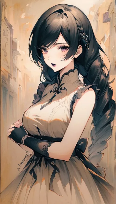 Lin Mingmei, 1 girl, alone, monochrome, braid, looking at the audience, skirt, long hair, traditional media, sign, Bangs, cosmetic, Put your hands together, black hair, Upper body, lipstick, drill hair, artist name, twin braids, bridal gloves, sleeveless