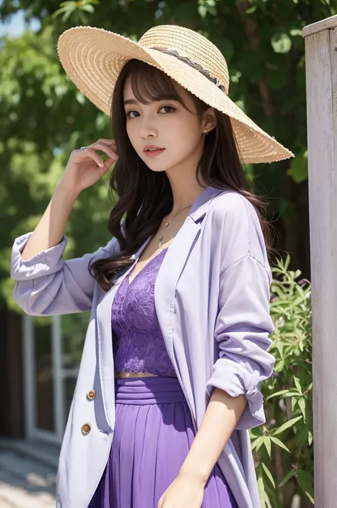 Lavender purple + light grey：
Jacket：一件Lavender purple色的棉质Jacket，Gentle and elegant。
Bottoms：搭配一条light grey的九分裤或半身裙，Refreshing and pleasant。
Accessories：选择一双Lavender purple色的凉鞋，背一个light grey的小挎包，Wear a wide-brimmed straw hat，Create a romantic summer look。