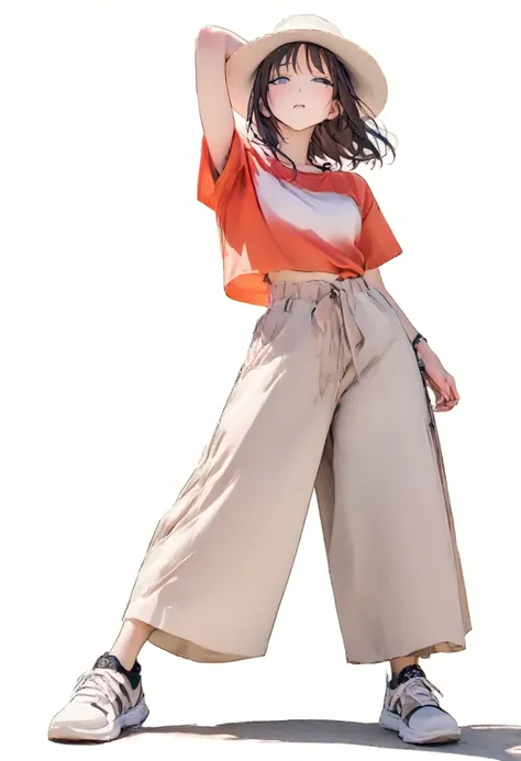 (Masterpiece, Best picture quality: 1.2, 8K), centered, full body, one girl, summer fashion, wide pants, simple sneakers, simple background, open eyes